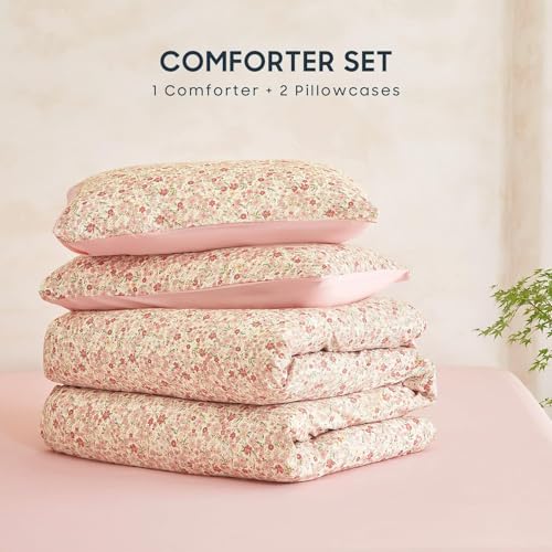 Image of Wake In Cloud - Floral Comforter Set, Cute Vintage Flower Cottagecore Aesthetic for Women Teen Girls, Soft Lightweight Dorm Bedding, 3 Pieces, Cream Pink, Full Size