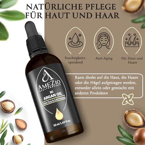 Arganöl Bio Kaltgepresst I Für Haare, Gesicht, Körper, Haut I Arganöl baby I 100% rein und nachhaltig I Natürlich für Kosmetik I Hautpflege I Vegan und Tierversuchsfrei I 50 ml