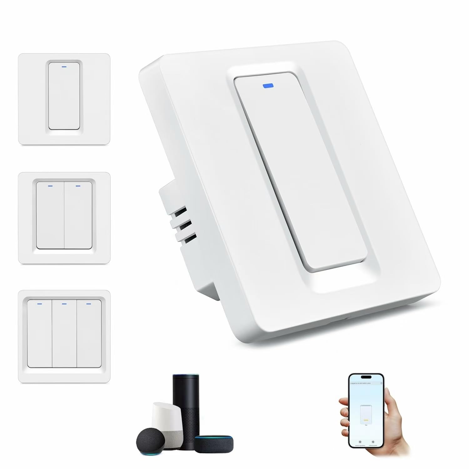 WiFi Smart Light Switch, No Neutral Wire Required, Smart Wall Switch with Remote Control, Voice Control and Timer, Compatible with Alexa and Google Assistant, Easy Installation (1 Gang, Single L Wire)
