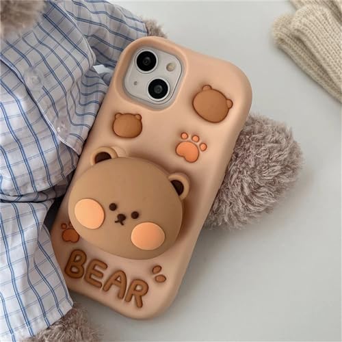 Image of MIDOS Back Cover iPhone 15 Soft Silicone 3D Cute Cartoon With Holder Full Protective Case Compatible With iPhone 15 (Bear), Black