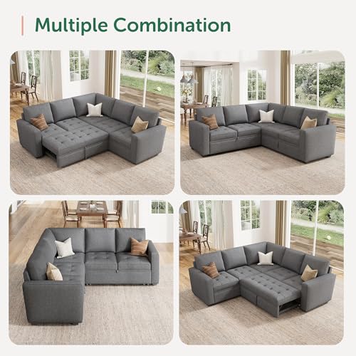 Image of HONBAY Modular Sectional Sofa with Pull Out Bed Convertible L Shaped Couch with Storage Seat Sleeper Sectional Couches for Living Room,Mid Grey