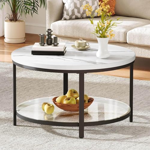 DWVO Round Coffee Tables for Living Room, 2 Tiers Marble Coffee Table Black Circle Coffee Table with Glass Storage Shelf, Modern Center Cocktail Table, Marble and Black