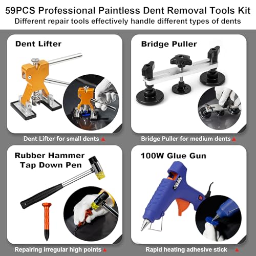 Image of 59PCS Dent Puller Kit - Paintless Dent Repair Kit for Cars, Dent Removal Tool for Door Dings, Hail Damage & Small Dents, Auto Body Dent Repair Kit with Glue Puller for DIY Use