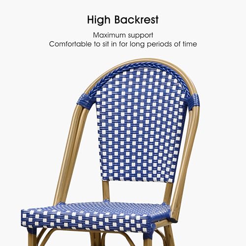 Image of PURPLE LEAF French Bar Stool Set of 4 Bamboo Print Finish Patio Bar Stools with Back Rattan Bar Chairs Wicker Bar Height Stool 30 inch with Footrest Kitchen Island Stools Outdoor Barstool Royal Blue