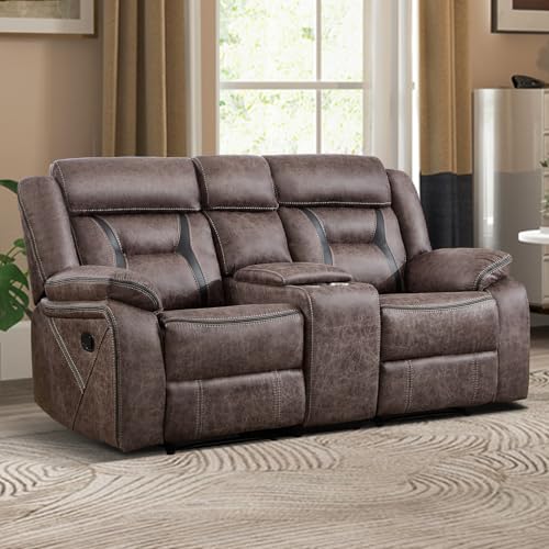 Image of EBELLO Faux Leather Manual Loveseat Recliner, 2 Seat Reclining Sofa Chair with Center Console, Hidden Storage and Cup Holders, Daul Recliner for Living Room, Meeting Room, Grey (Loveseat)