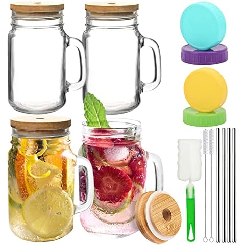 Wuciray Trinkglas mit Deckel und Strohhalm Mason Jar Glas Cocktailgläser Klarglas Trinkgläser Set 4 Stück 450ml Iced Coffee Bier Smoothies Cover