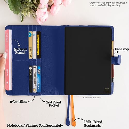 Image of NEORAH - A6 Notebook SLEEVE with SNAP Button - [ SLEEVE ONLY ]|Vegan Leather|Office Diary Holder with Penloop| 2 Front & 1 Back Pocket | 4 Card Slots |2 BookMarks - Fits any A6 Softcover - DARK BLUE