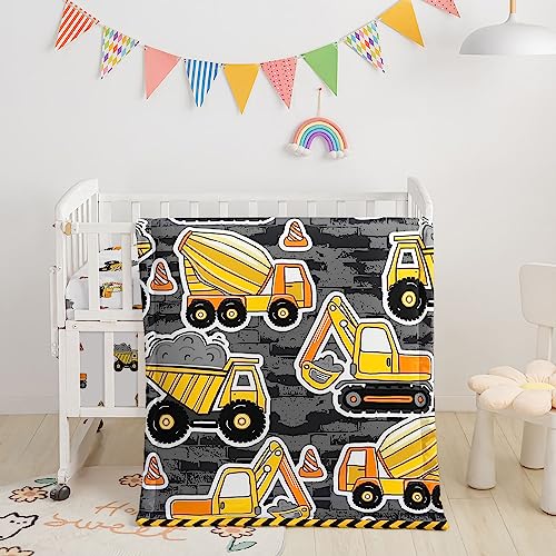Image of Crib Bedding Set, 3pc Nursery Crib Bedding with Comforter, Sheet & Skirt, Excavator Truck Printed for Baby Boys & Girls (Grey)