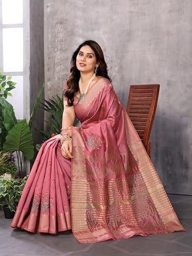 Image of StyleScope Women's Assam Cotton Silk Golden Boarder Thread Embroidered Saree With Unstitched Blouse Piece (Ulajh)