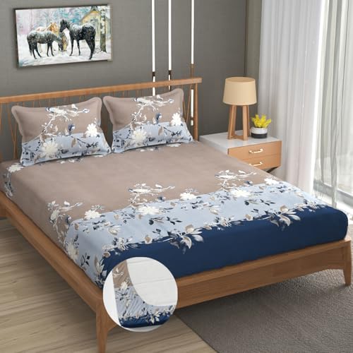 Image of Vram Premium Heavy Cotton Elastic Fitted Bedsheets with 2 King Size Pillow Covers | Diwan Bed with All Around Elastic 350 TC | 48 x 78 x 8 Inch Diwan Size Fitted | :- Blue Tricolor