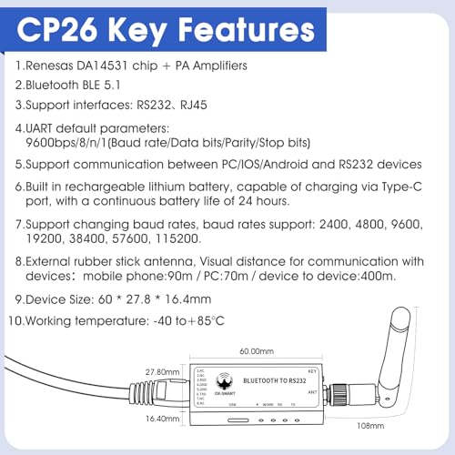 CP26 RS232 to Bluetooth Serial Adapter Industrial Wireless Bluetooth Communication Module to RS232 Converter, Change 232 Wired Device to Wireless (for PC)