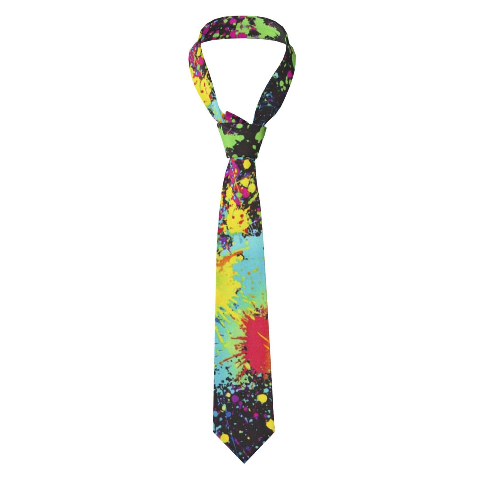 Poadnly Unisex As Picture Rainbow Of Neon Paint Splatters, Neckties Mens Ties Polyester Novelty Skinny Tie For Wedding Party