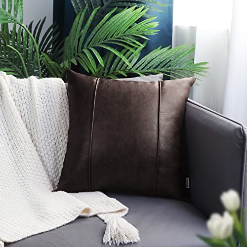 Image of BRAWARM Coffee Leather Throw Pillow Covers 20 X 20 Inches - Faux Leather Pillow Cover with Piping, Hand Stitched Leather Throw Pillow for Couch Sofa Bed Living Room Home Decorative