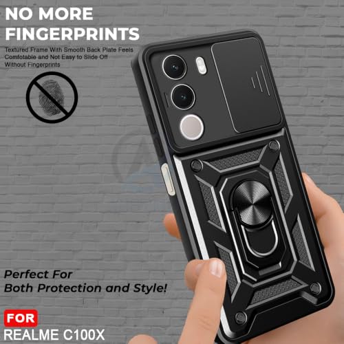 Image of AESTMO Tough Armor Realme C100X Bumper Back Case Cover | Ring Holder & Sliding Camera Shield Cover | 360 Degree Protection Back Case Cover for Realme C100X (Black)