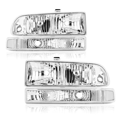 Headlight Assembly Compatible with 1998 1999 2000 2001 2002 2003 2004 2005 Chevy Blazer Headlights 98-04 Chevy S10 Pickup Headlamp w/Bumper Lights 4Pcs Chrome Housing Clear Corner