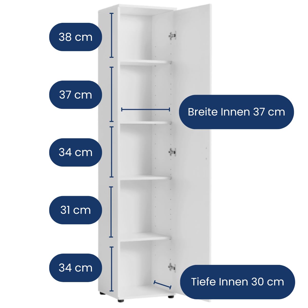 Home Collective Mehrzweckschrank Schmaler Schrank 40 cm mit 1 Tür & 4 Einlegeböden | Universalschrank Haushaltsschrank für Haushalt, Flur, Büro oder Schlafzimmer | 40x35x184 cm (BxTxH) | Weiß