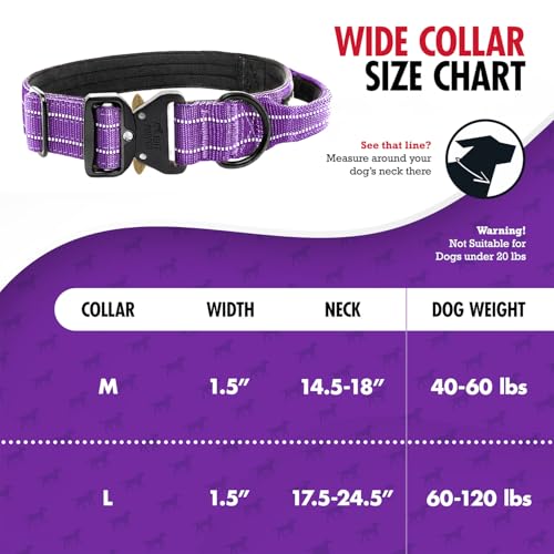 Image of Tuff Pupper Tactical Dog Collar | Heavy Duty 1.5 inch Wide Ballistic Nylon | Training Control Handle | Quick-Release Metal Buckle | Reflective Bands | ID Tag Holder | Padded Inner Lining (Purple, Medium)