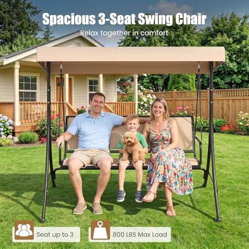 Image of Tangkula 3 Person Porch Swing, Patio Swing with Adjustable Canopy, Heavy-Duty Frame, Breathable Fabric, Outdoor Swing for Porch, Garden, Backyard, Poolside, 800 LBS Max Load