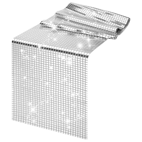 TranRantic Chemin de Table Disco, 275 X 30 cm Chemin de Table Argenté Paillettes pour 70 'S 80' S Disco Party, Argent Brillant Déco pour Anniversaire,...