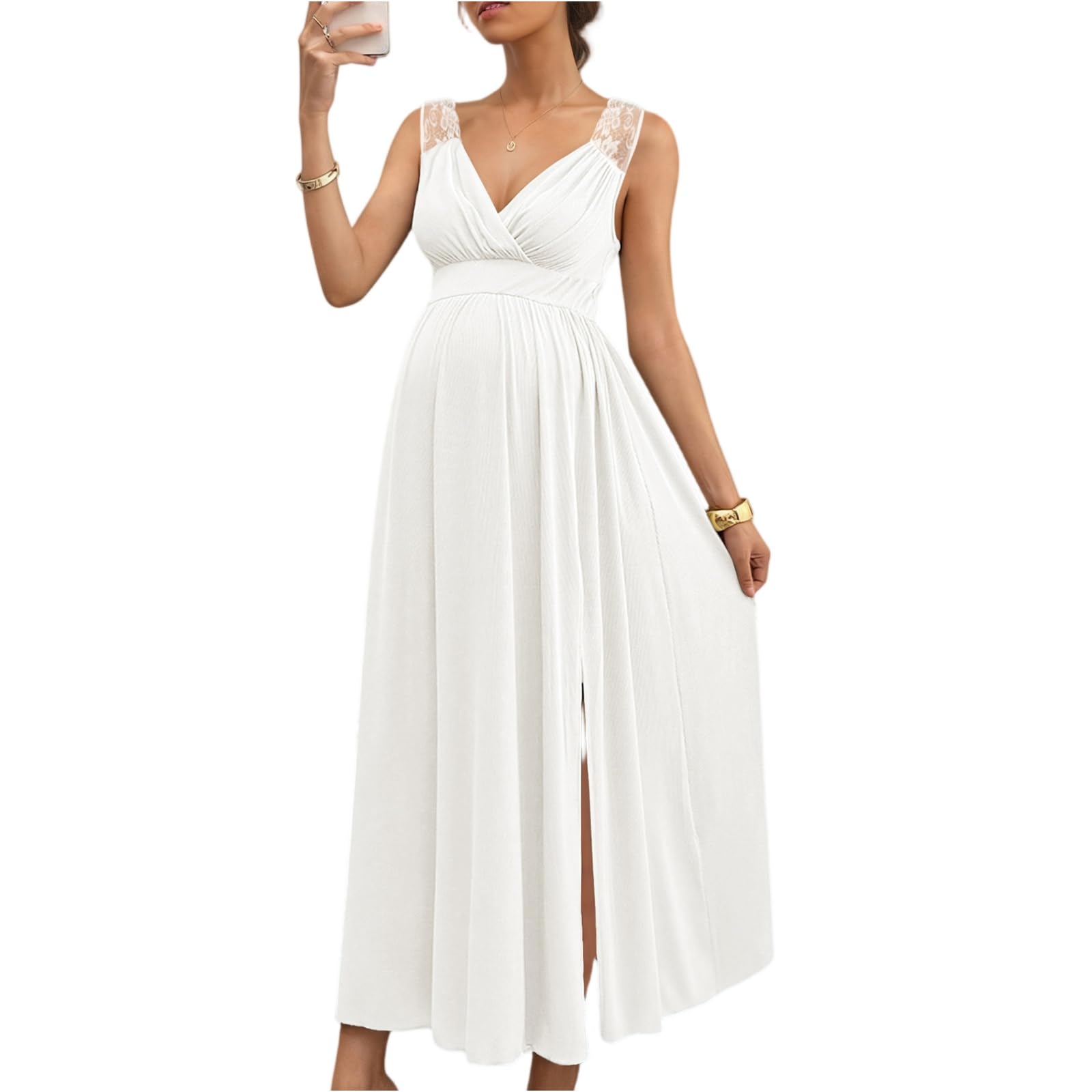 FUPODD Abendkleid Damen Lang Für Schwangere Maxikleid Elegant Spitze Umstandskleid Empire Festlich Kleid Hochzeitsgast Kleider Maxi Schwangerschaftskleid Mit Schlitz Ballkleid Ärmellos Umstandsmode