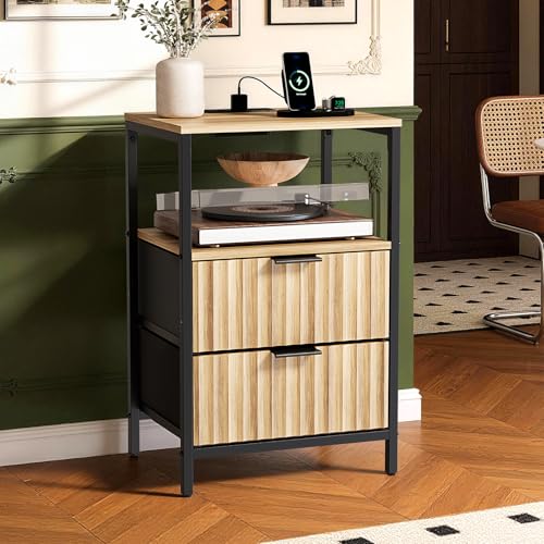 Image of Bonnlo Fluted Nightstand, Fabric Dresser with 2 Drawers and 1 Shelf, Bedside Table /End Table with Charging Station, Nightstand for Bedroom, Livingroom, College Dorm, Oak