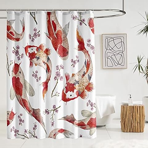 Koi Fish Shower Curtain, Red River Fish Pink Cherry Blossoms Luck Animal Asian Traditional White Fabric Bath Curtain Waterproof Japanese Bathroom Decor with Hooks 70x70 Inches Cover