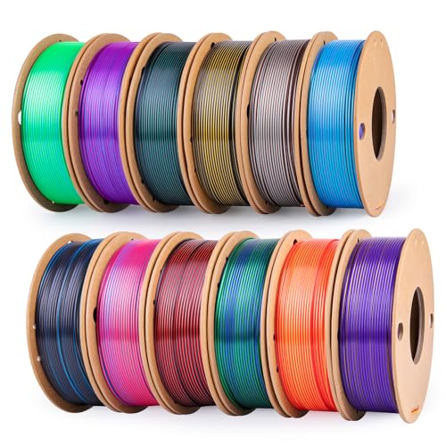 Image of Silk 3D Printer Filament PLA+, 1.75mm, 12 Pack 250g | 6 Tricolor & 6 Dual Color, 1.75mm Diameter, 250g Per Spool, 3KG Total, Smooth Printing