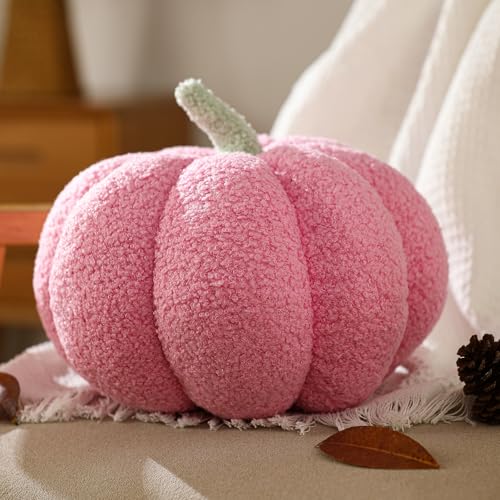 YRXRUS Pumpkin Pillows, Halloween Pumpkin Pillow Set of 2, Pink Throw Pillows Fall Room Decoration, Teddy Fleece 6x12&4x7 Inches Accent Cushion Gifts for Holiday