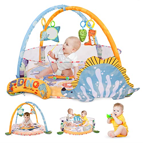 Image of Siairo Jumbo Baby Activity Gym Folding Baby Play Gym Play Mat with Hanging Toys, Surrounding Mesh for Newborn, Infant, Babies, Toddlers (Dinosaur)