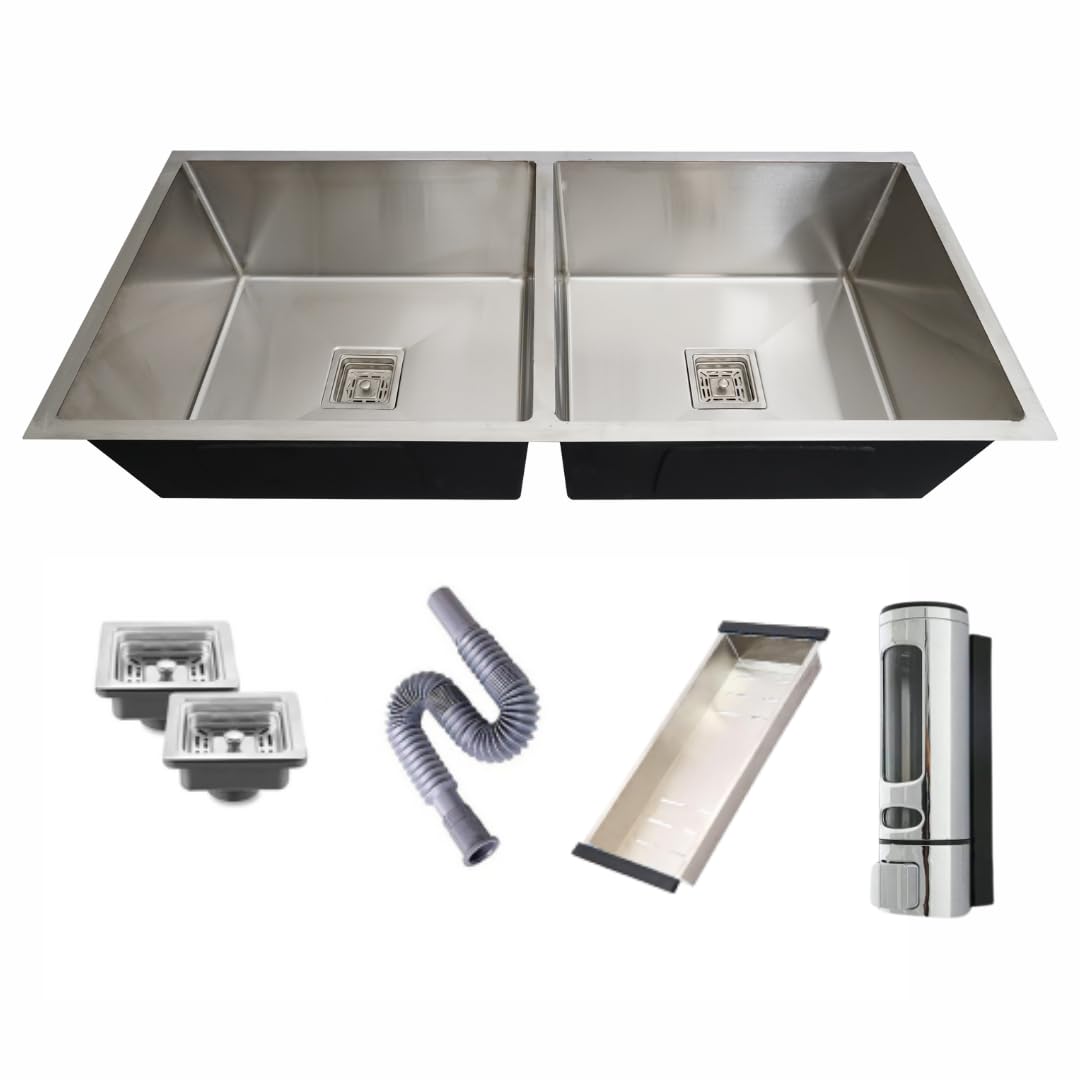 Bowls & More | 45" x 20" x 10" | Handmade Kitchen Sink With Tray Basket & Soap Dispenser | Heavyduty 304-Grade Stainless Steel | Matt Finsih Double Bowl Sink | Silver (B0D1CVM6KN) Amazon Price History, Amazon Price Tracker