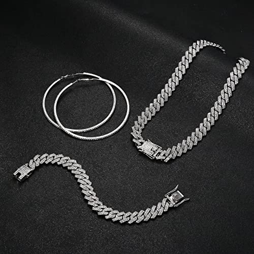 Krfy Silver Cuban Link Chain Necklace Bracelet Rhinestone Hoop Earrings Set Bling Necklace Bracelet Crystal Big Circle Earrings For Women Girls 18Inch #TOP2