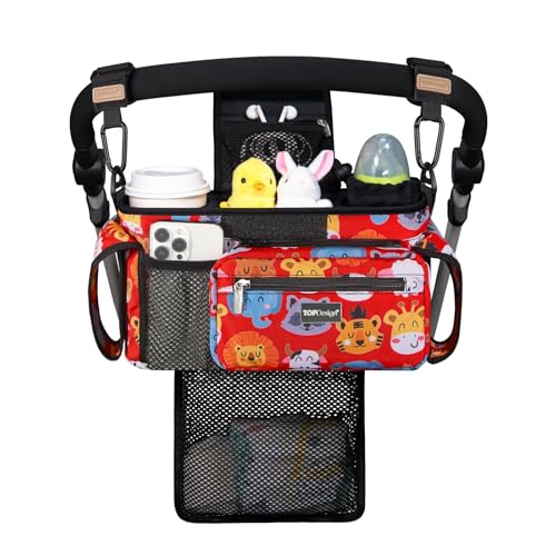 Image of TOPDesign Universal Baby Stroller Organizer, Stroller Caddy with Detachable Mesh Bag & Heightened Insulated Cup Holders & Non-Slip Secure Hooks Accessories, Fits Most Strollers (Zoo 3)