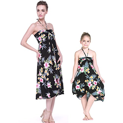 Matching Hawaiian Luau Mother Daughter Halter Dress in Hibiscus Black