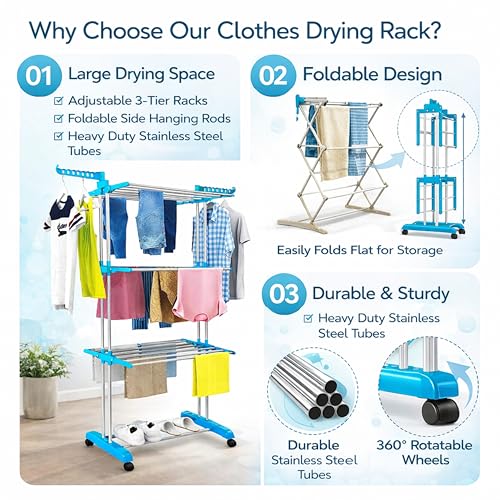 Image of JIALTO Foldable Clothes Drying Stand with Wheels, 3 Layer Heavy Duty Stainless Steel Cloth Dryer Stand, Multi Tier Big Size Garment Dryer for Bedroom, Balcony & Outdoor Use