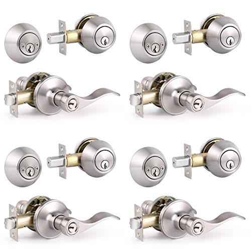 Flash Sale 4 Pack Front Door Entry Lever Lockset and Double Cylinder Deadbolt Combination Set, Satin Nickel- All Keyed Alike(Same Keys)