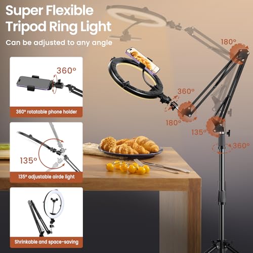 Overhead Phone Tripod for Cooking Videos with Casters, Ring Light with Stand Overhead Phone Mount Holder, Selfie Light Stand for Video Recording, Vlog, TikTok