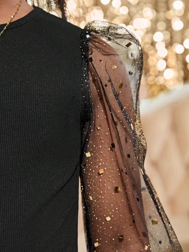 WDIRARA Girl's Round Neck Long Sleeve Contrast Mesh and Contrast Sequin Party Top3