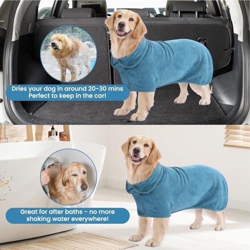 PETTOM Hundebademantel Mikrofaser Schnelltrockend, Bademantel Hund Baumwolle Super Saugfähig, Bademantel für Große Mittelgroße und Kleine Hunde (L, Blau)
