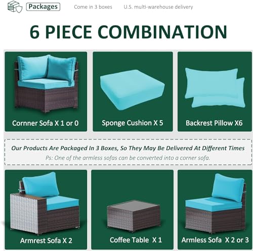 Image of 6 PCS Outdoor Patio Furniture Set,Outdoor Sectional Furniture All Weather PE Rattan Wicker Patio Conversation Set with Coffee Table and 5 Thickened Cushions,Turquoise Blue