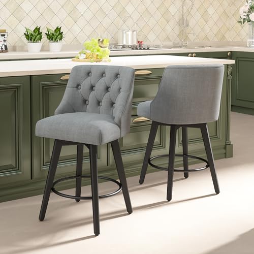 Image of Counter Height Swivel Bar Stools with Back, 26 inch H Seat Height Upholstered Fabric Counter Stools for Kitchen Island, Set of 2, Fabric in Flint Grey