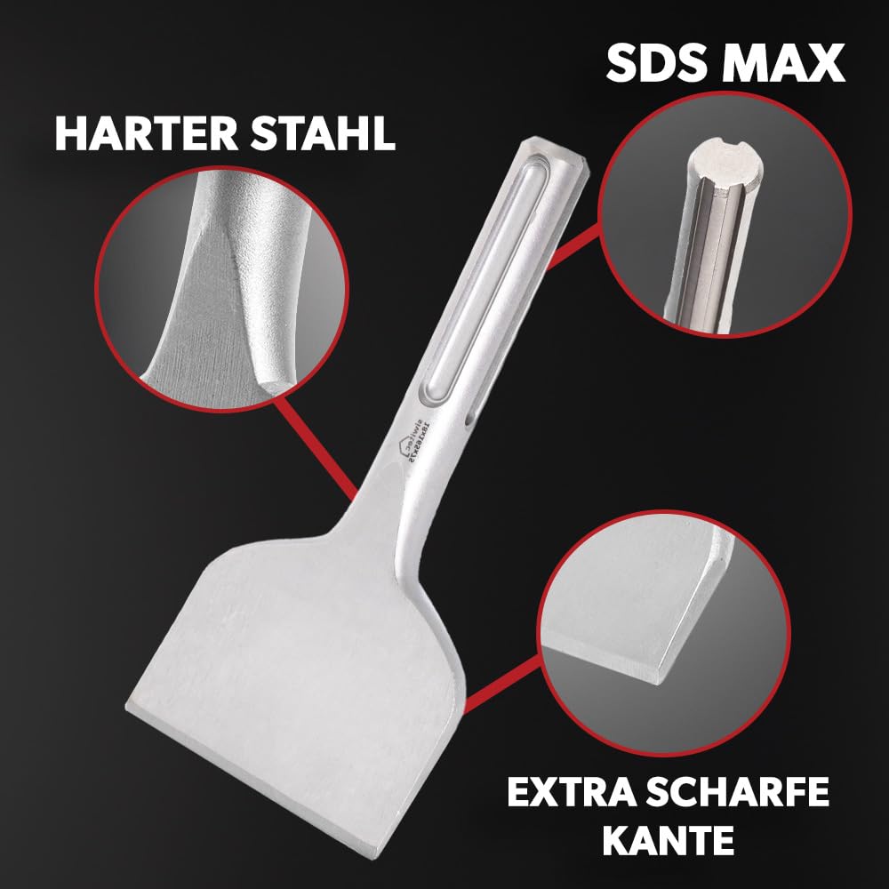 siwitec SDS MAX Bohrer- & Meißelset 7-teilig im Alu Case, 4 SDS Max Betonbohrer mit Distanzringen in verschiedenen Durchmessern, Spitzmeißel, Flachmeißel, Breitmeißel
