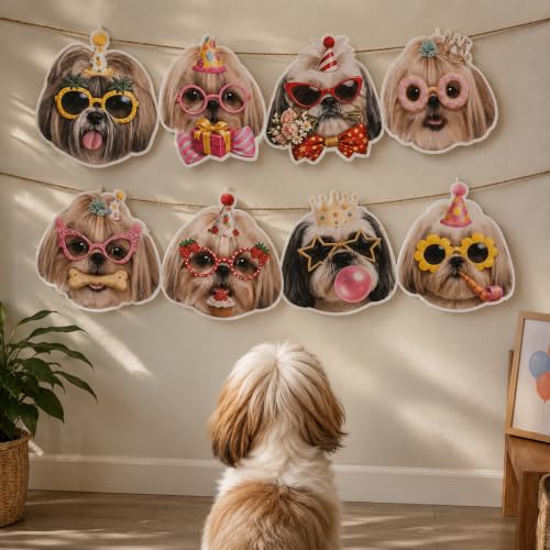 Image of Shih Tzu Birthday Banner, Dog Party Decorations Garland Shih Tzu Gifts | 8 Unique Shih Tzu Faces, Pre-Strung , Easy to Hang