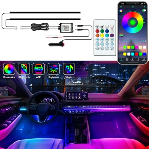 Image of Jushope Interior Car LED Strip Lights, Acrylic LED Lights for Car with Dynamic Dreamcolor Chasing, Ambient Lighting Kits Music Sync Wireless APP and RF Remote Control (2 * 29.5'')
