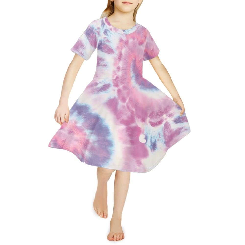 Chickwin Vestido Niña 4-14 Años Ropa Niña para Verano, Vestidos Niña Fiesta de Cuello Redondo, Mono Niña Vestir con Tie-Dye Vestido Niña Manga Corta - Casual & Banquetes