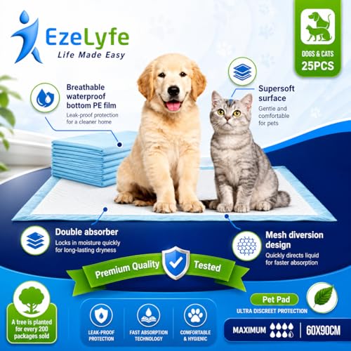 Dog Training Pads 60 x 90cm - Extra Large Puppy Pads Super Absorbent Leakproof Wee Pads Disposable Pet Toilet Training Mats Non Toxic 5 Layer Pads for Dogs Puppies & Cats (Pack of 25)
