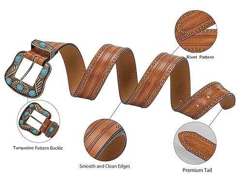 Womens Western-Cowboy-Belt Vintage-Floral-Cowgirl PU-Leather-Belt with Turquoise Buckle for 28-38''Waist3