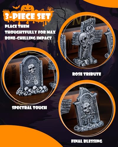 Image of Uniclife 3 Pcs Halloween Miniature Tombstones Decorations, Halloween Fish Tank Decor, Resin Mini Tombstones Figurines, RIP Cross Skull Graveyard Gravestones, Small Spooky Town Village Accessories