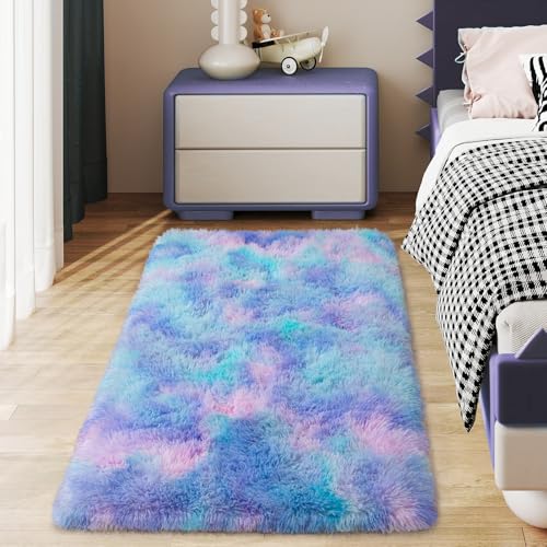 Ailyei Soft Runner Rugs for Bedroom Hallways, 2x4 Purple Rainbow Fluffy Shag Throw Area Rug Non Slip for Bedside Dorm, Long Shaggy Furry Carpet for Nursery Living Room