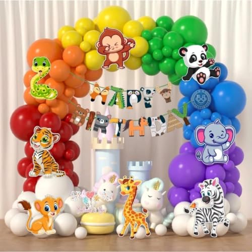 Image of MOOKE Jungle Safari Birthday Decoration Kids,Animal Birthday Party Decoration Paper Bunting Banner with Balloons,Foil Balloons, Cardstock Cutout,Glue & Arch Kit (Pack of 45)