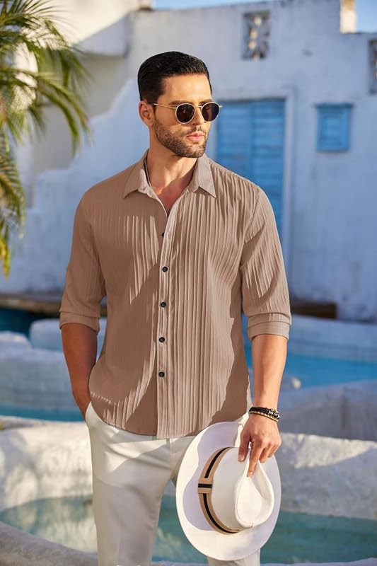 Image of DEELMO Men's Casual Button Down Shirts Long Sleeve Linen Shirt Fashion Textured Beach Summer Shirt